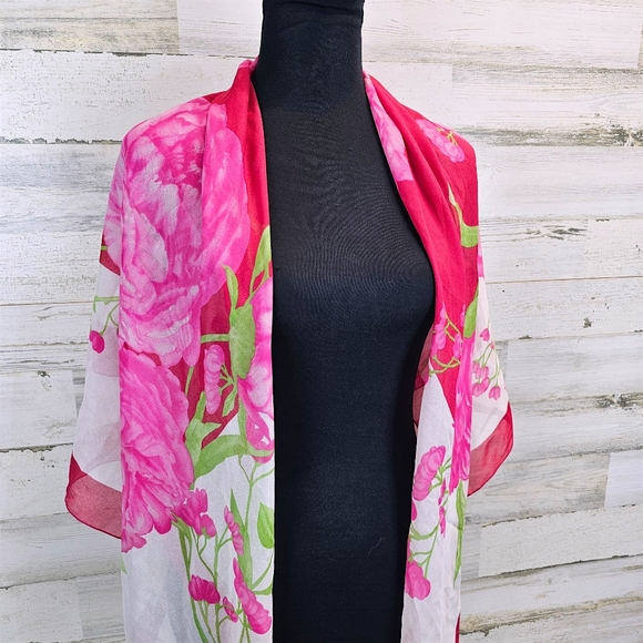 Donatello Italia Floral Chiffon Scarf Shawl Pink Peony Print Sheer Wrap Light - Picture 7 of 13